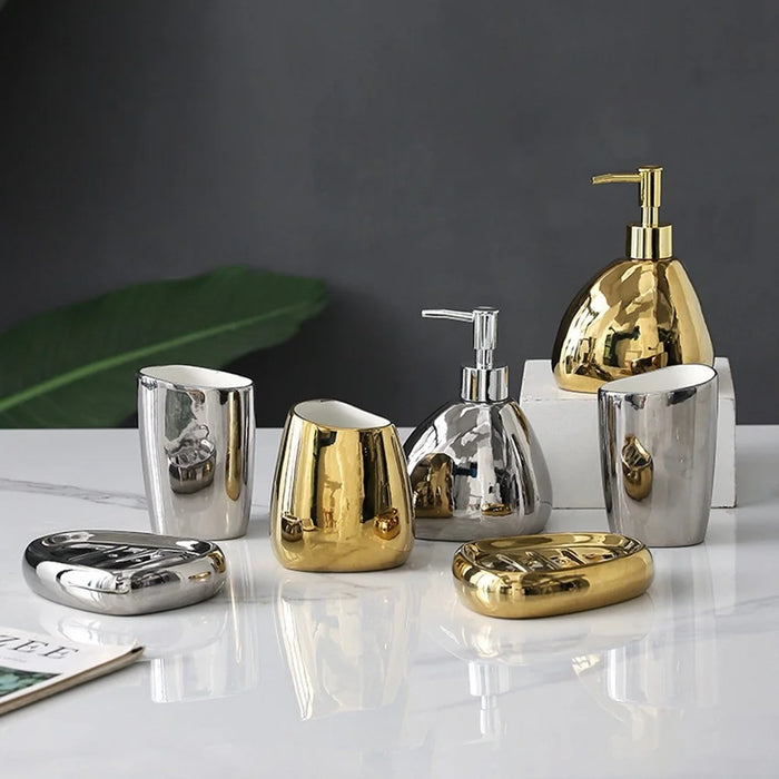 4Pcs / Set Ceramic Bathroom Accessories Toothbrush Holder Lotion Dispenser Bottle Rinsing Cup Soap Dish - Gold - 7