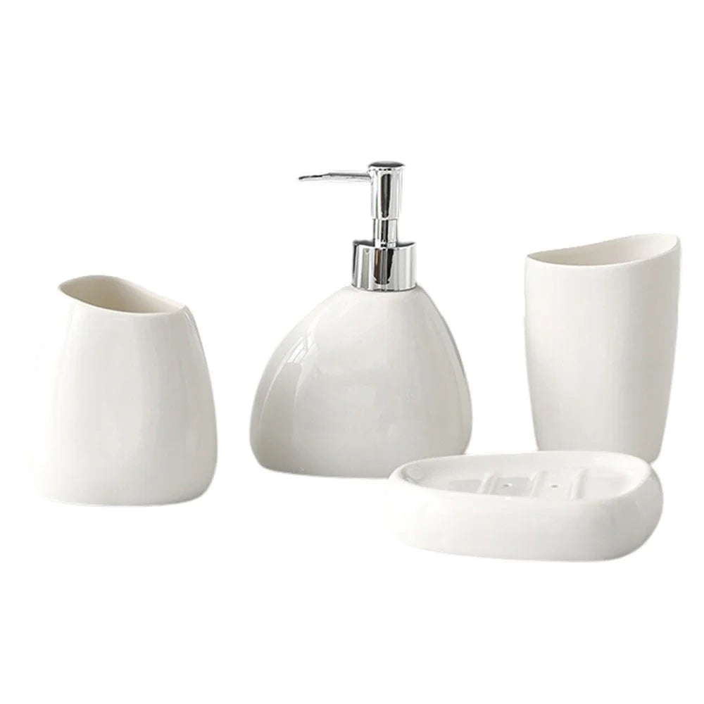 4Pcs / Set Ceramic Bathroom Accessories Toothbrush Holder Lotion Dispenser Bottle Rinsing Cup Soap Dish - White - 1