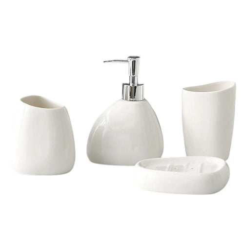 4Pcs / Set Ceramic Bathroom Accessories Toothbrush Holder Lotion Dispenser Bottle Rinsing Cup Soap Dish - White - 1
