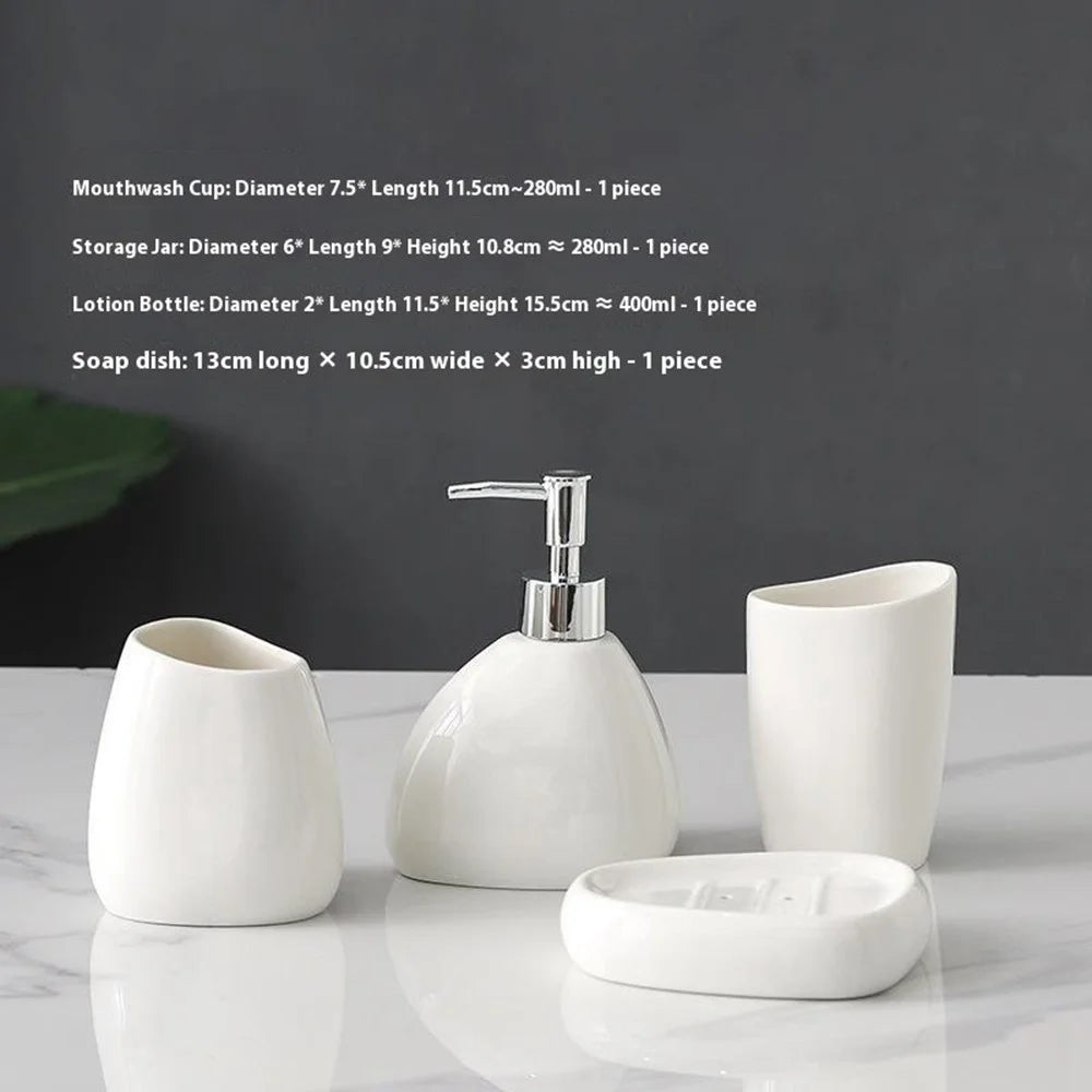 4Pcs / Set Ceramic Bathroom Accessories Toothbrush Holder Lotion Dispenser Bottle Rinsing Cup Soap Dish - White - 2
