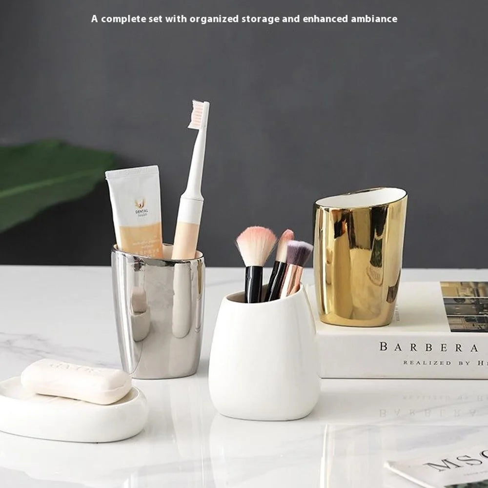 4Pcs / Set Ceramic Bathroom Accessories Toothbrush Holder Lotion Dispenser Bottle Rinsing Cup Soap Dish - White - 7