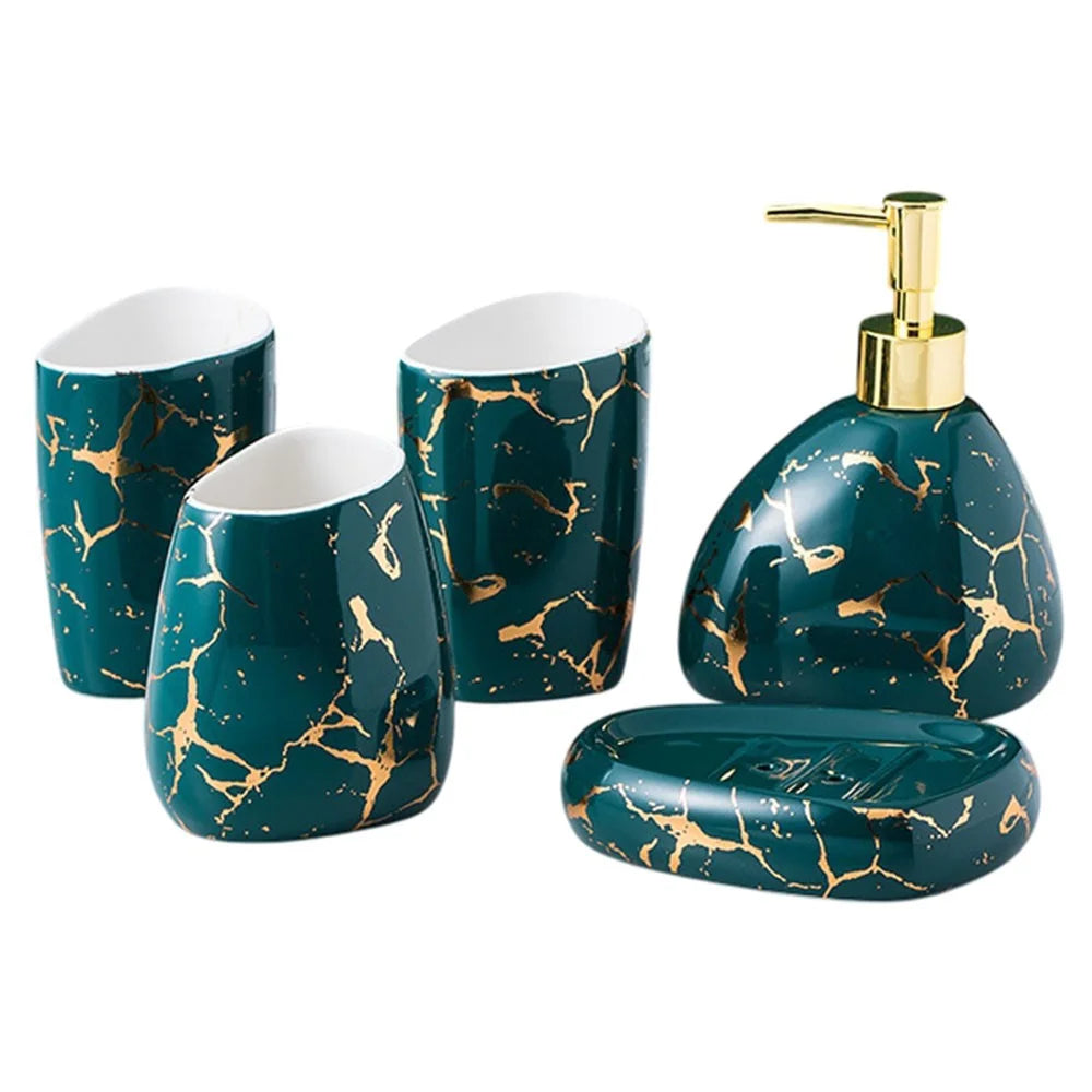 5Pcs / Set Ceramic Bathroom Accessories Toothbrush Holder Lotion Bottle Rinsing Cup Soap Dish - Green - 1