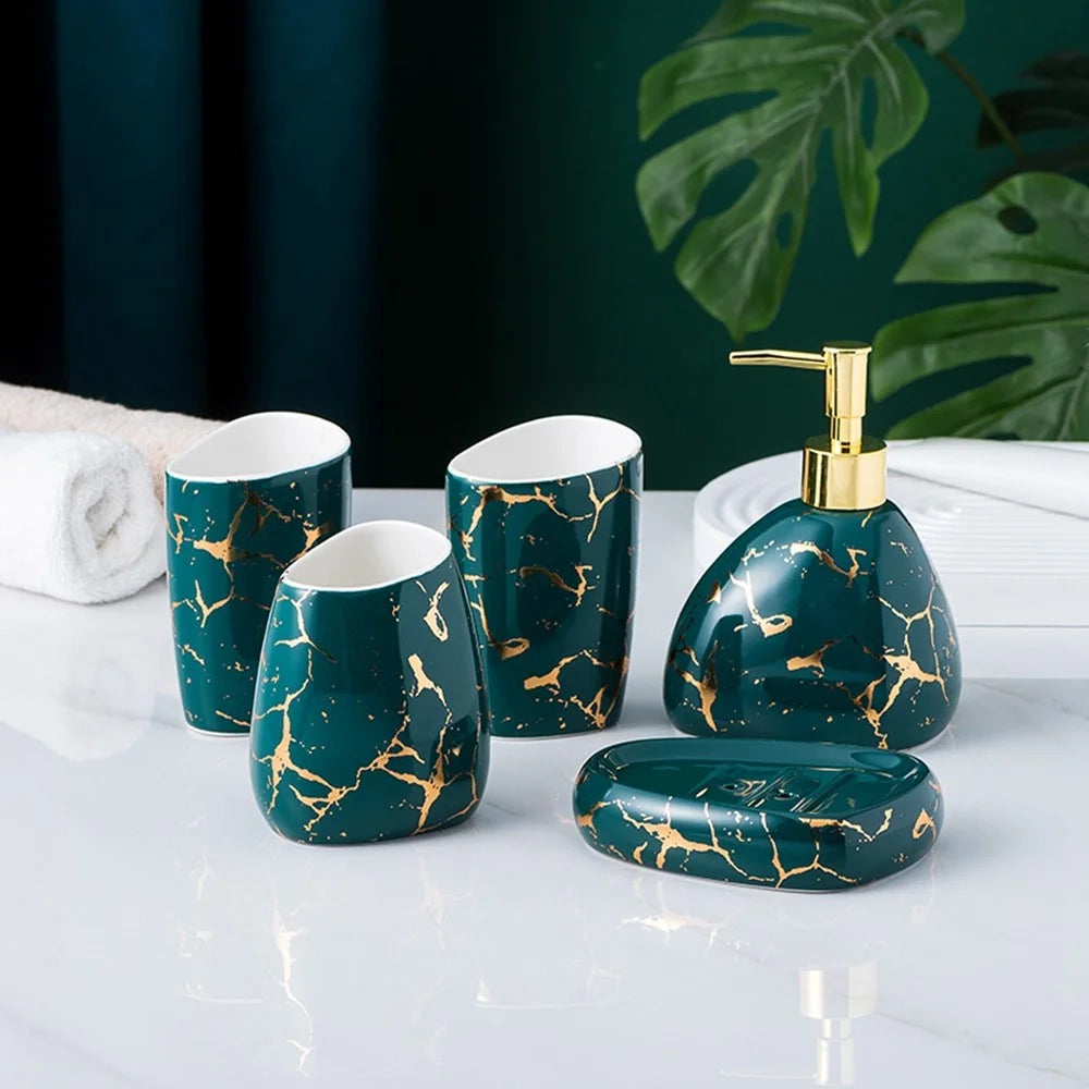 5Pcs / Set Ceramic Bathroom Accessories Toothbrush Holder Lotion Bottle Rinsing Cup Soap Dish - Green - 2