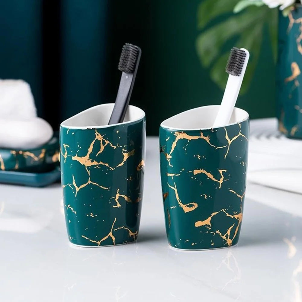 5Pcs / Set Ceramic Bathroom Accessories Toothbrush Holder Lotion Bottle Rinsing Cup Soap Dish - Green - 4