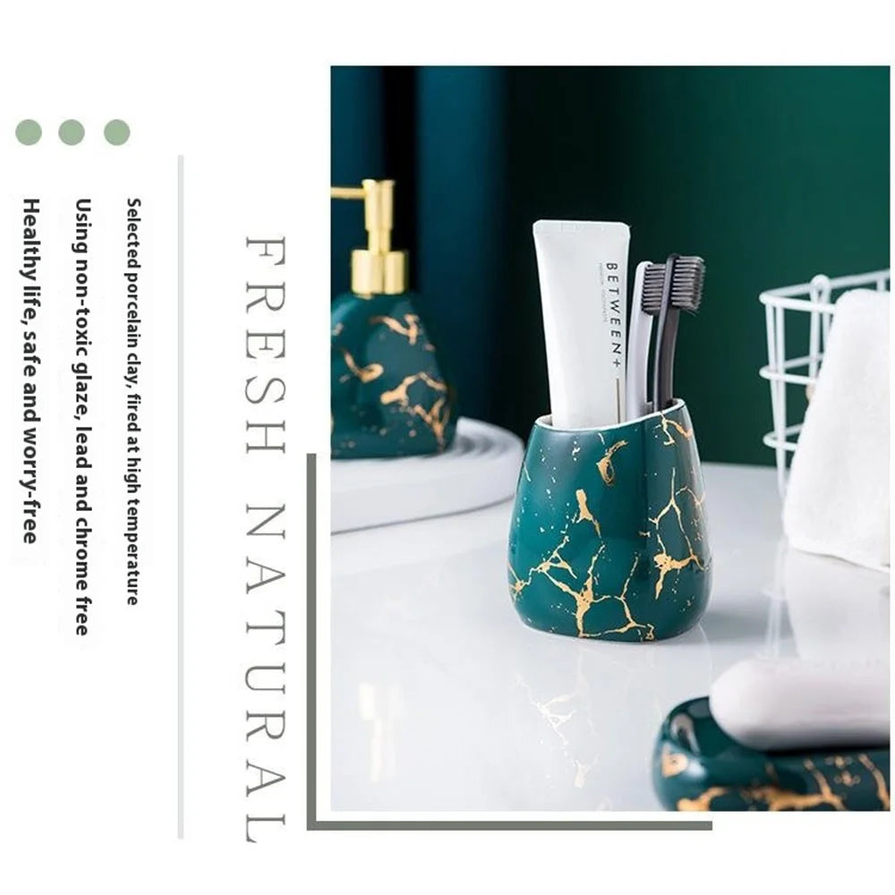 5Pcs / Set Ceramic Bathroom Accessories Toothbrush Holder Lotion Bottle Rinsing Cup Soap Dish - Green - 5