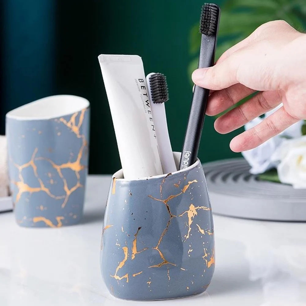 5Pcs / Set Ceramic Bathroom Accessories Toothbrush Holder Lotion Bottle Rinsing Cup Soap Dish - Green - 7