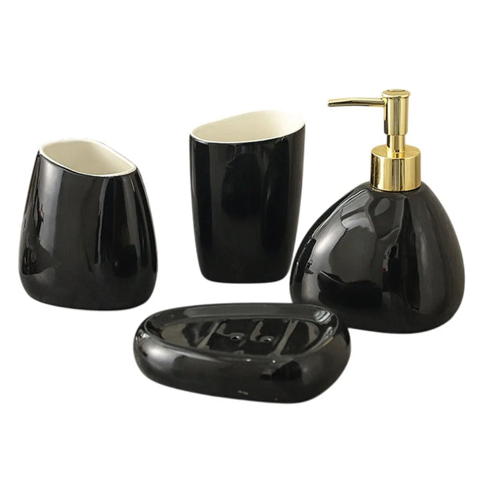 4Pcs / Set Ceramic Bathroom Accessories Toothbrush Holder Lotion Dispenser Bottle Rinsing Cup Soap Dish - Black - 1