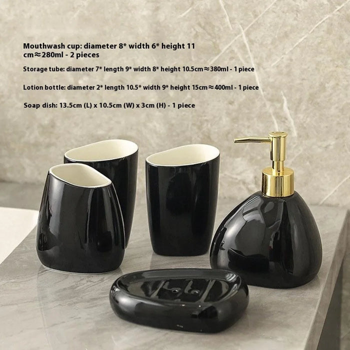 4Pcs / Set Ceramic Bathroom Accessories Toothbrush Holder Lotion Dispenser Bottle Rinsing Cup Soap Dish - Black - 2