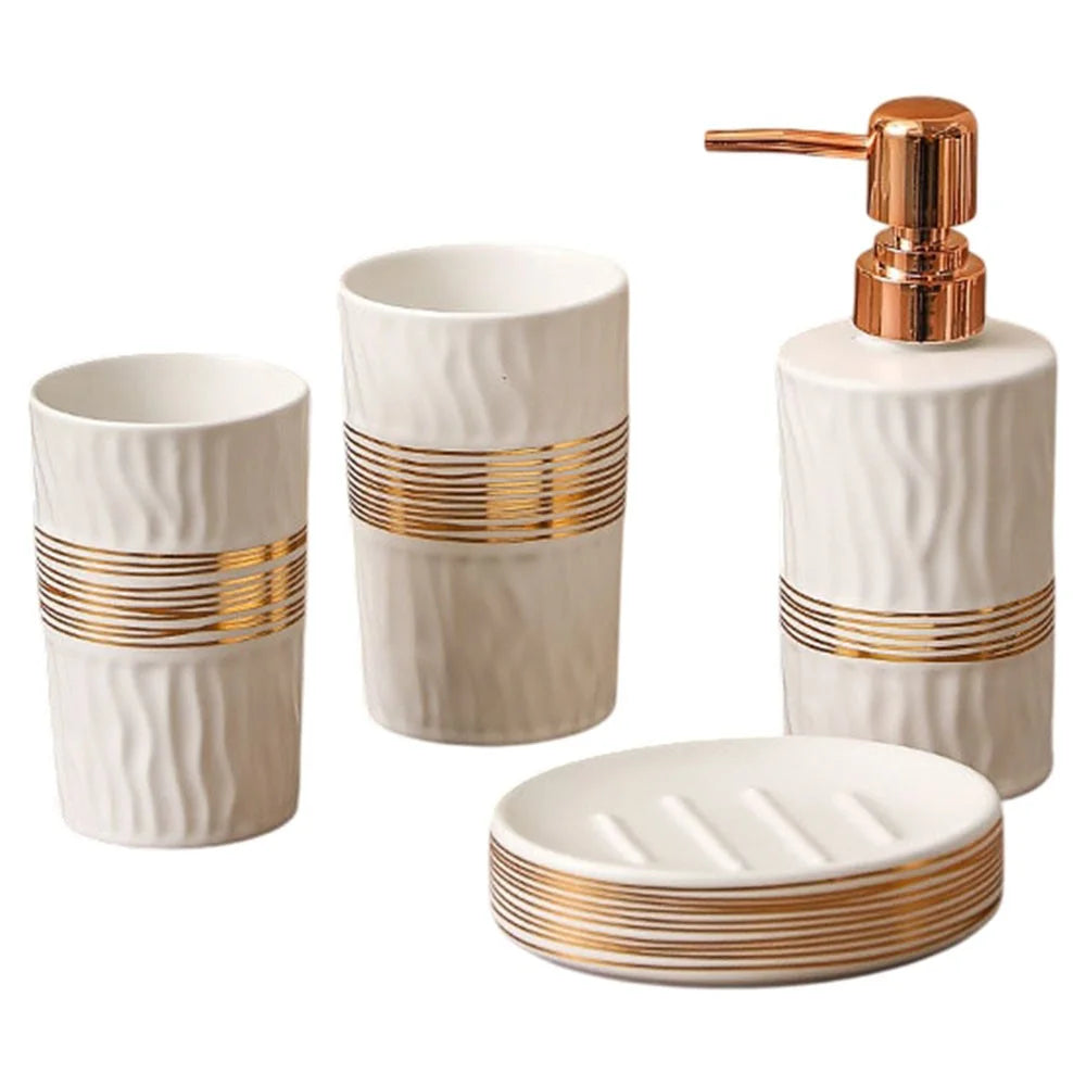 4Pcs / Set Luxury Bathroom Accessories Ceramic Toothbrush Holder Rinsing Cup Soap Dish Lotion Dispenser - White - 1