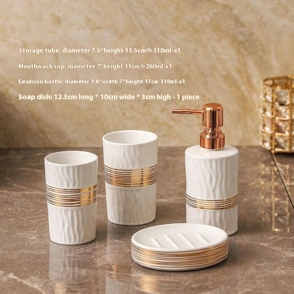 4Pcs / Set Luxury Bathroom Accessories Ceramic Toothbrush Holder Rinsing Cup Soap Dish Lotion Dispenser - White - 2