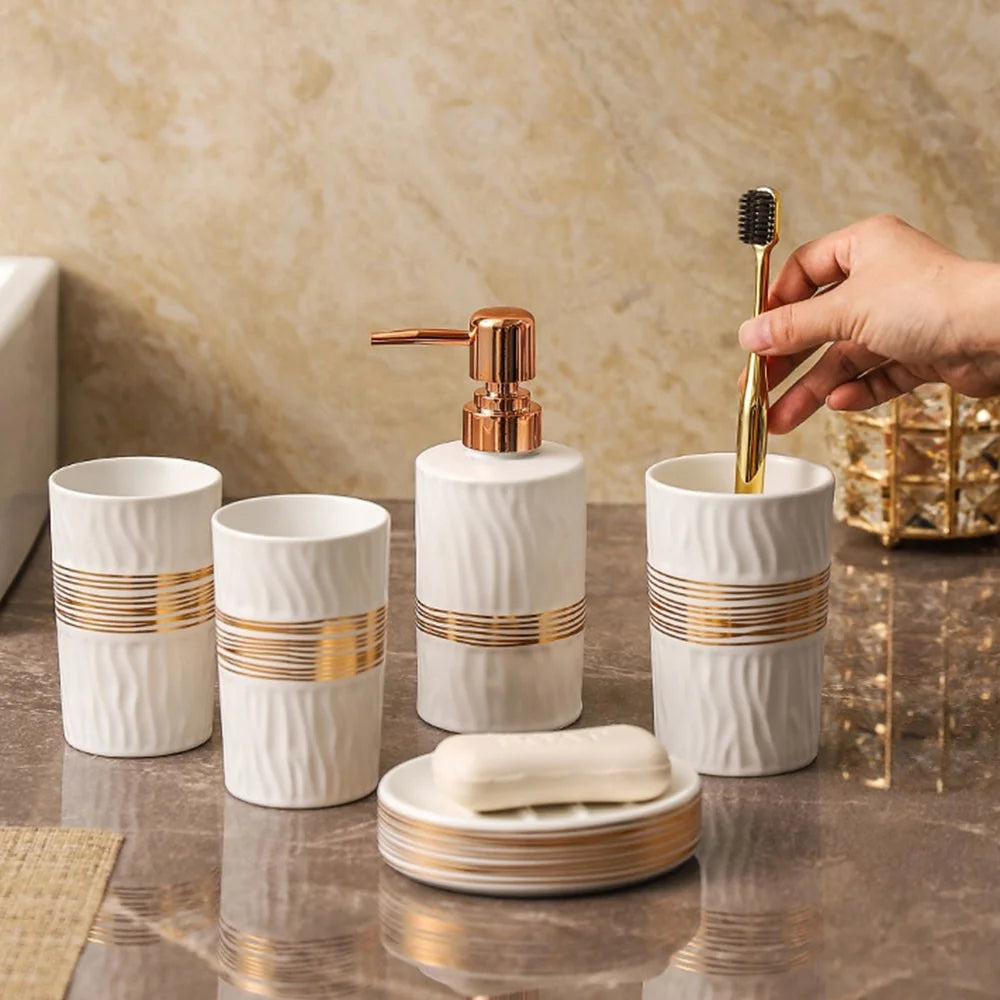 4Pcs / Set Luxury Bathroom Accessories Ceramic Toothbrush Holder Rinsing Cup Soap Dish Lotion Dispenser - White - 3
