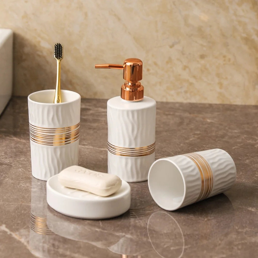 4Pcs / Set Luxury Bathroom Accessories Ceramic Toothbrush Holder Rinsing Cup Soap Dish Lotion Dispenser - White - 4