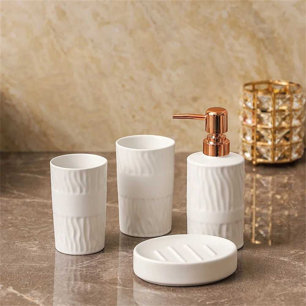 Hotel Home Bathroom Accessories Set Toothbrush Holder Mouthwash Cup Soap Dish Lotion Dispenser Bottle - White - 1