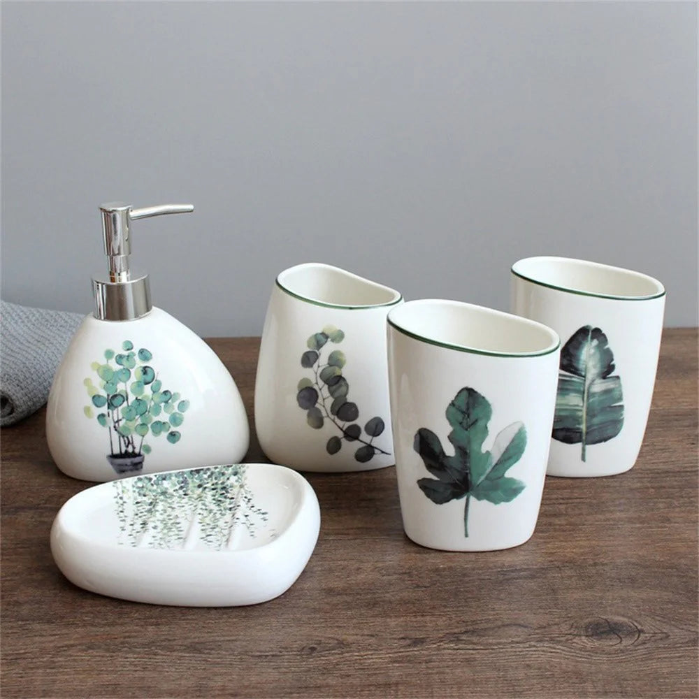 5Pcs / Set Green Plant Pattern Bathroom Accessories Ceramic Toothbrush Holder Rinse Cup Soap Dish Lotion Dispenser - Style A - 1
