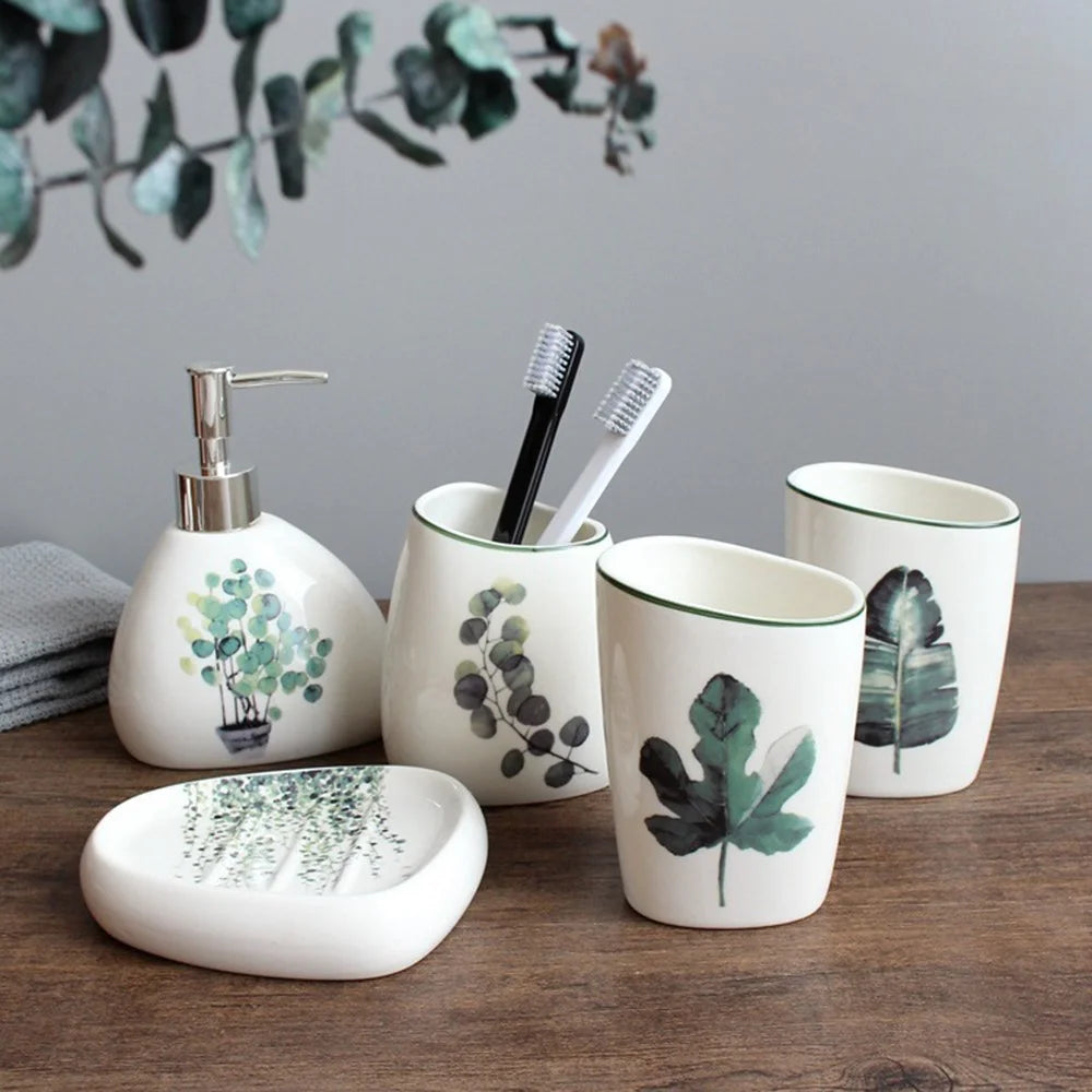 5Pcs / Set Green Plant Pattern Bathroom Accessories Ceramic Toothbrush Holder Rinse Cup Soap Dish Lotion Dispenser - Style A - 2
