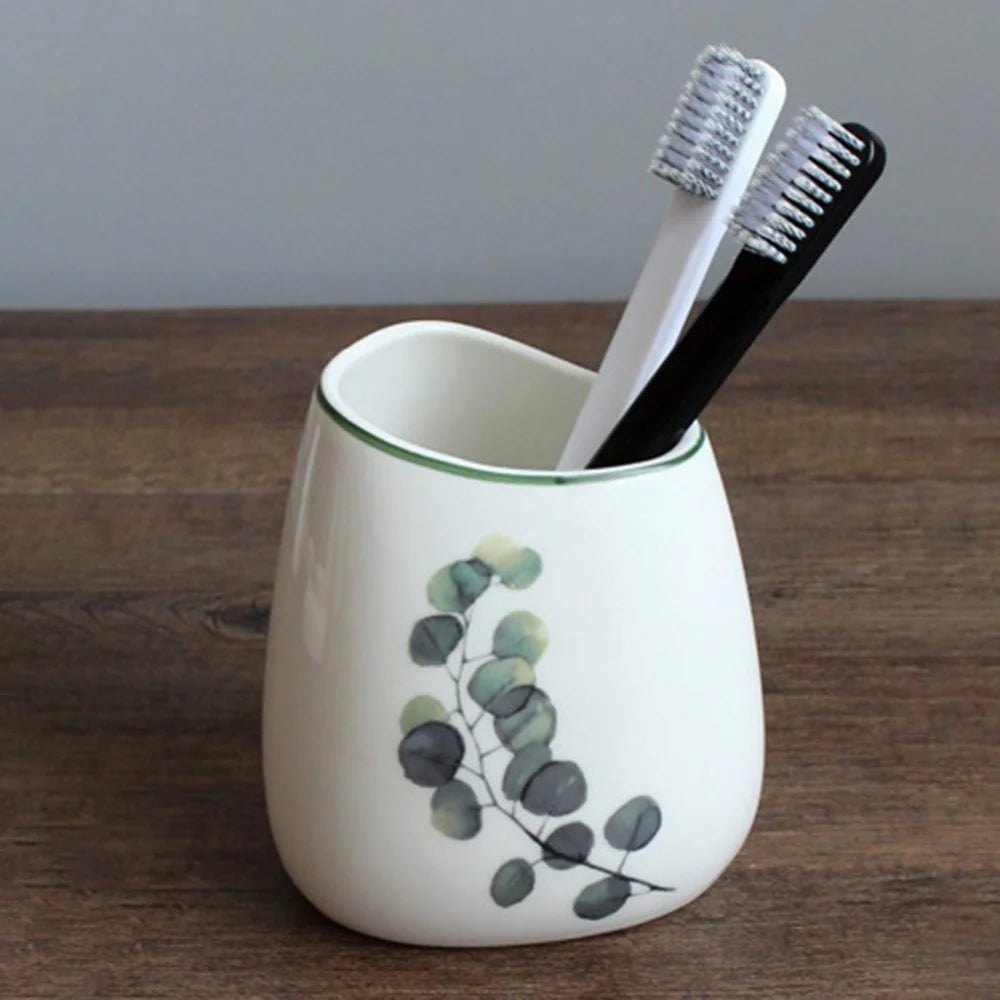 5Pcs / Set Green Plant Pattern Bathroom Accessories Ceramic Toothbrush Holder Rinse Cup Soap Dish Lotion Dispenser - Style A - 3