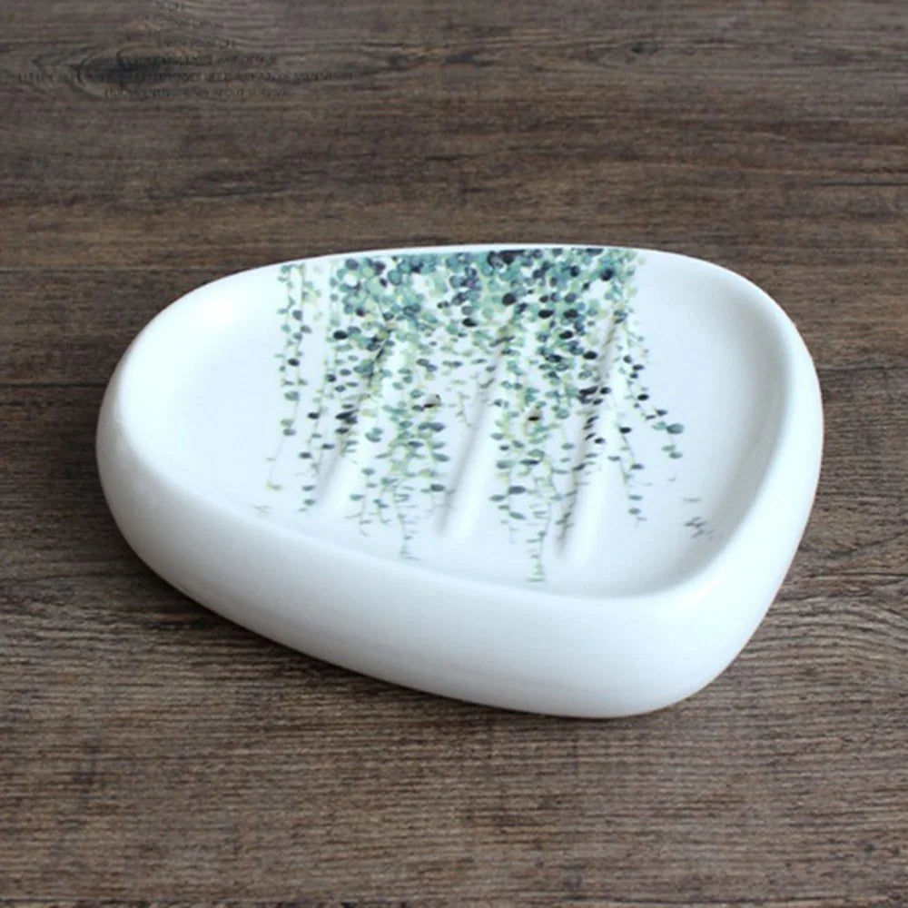 5Pcs / Set Green Plant Pattern Bathroom Accessories Ceramic Toothbrush Holder Rinse Cup Soap Dish Lotion Dispenser - Style A - 6