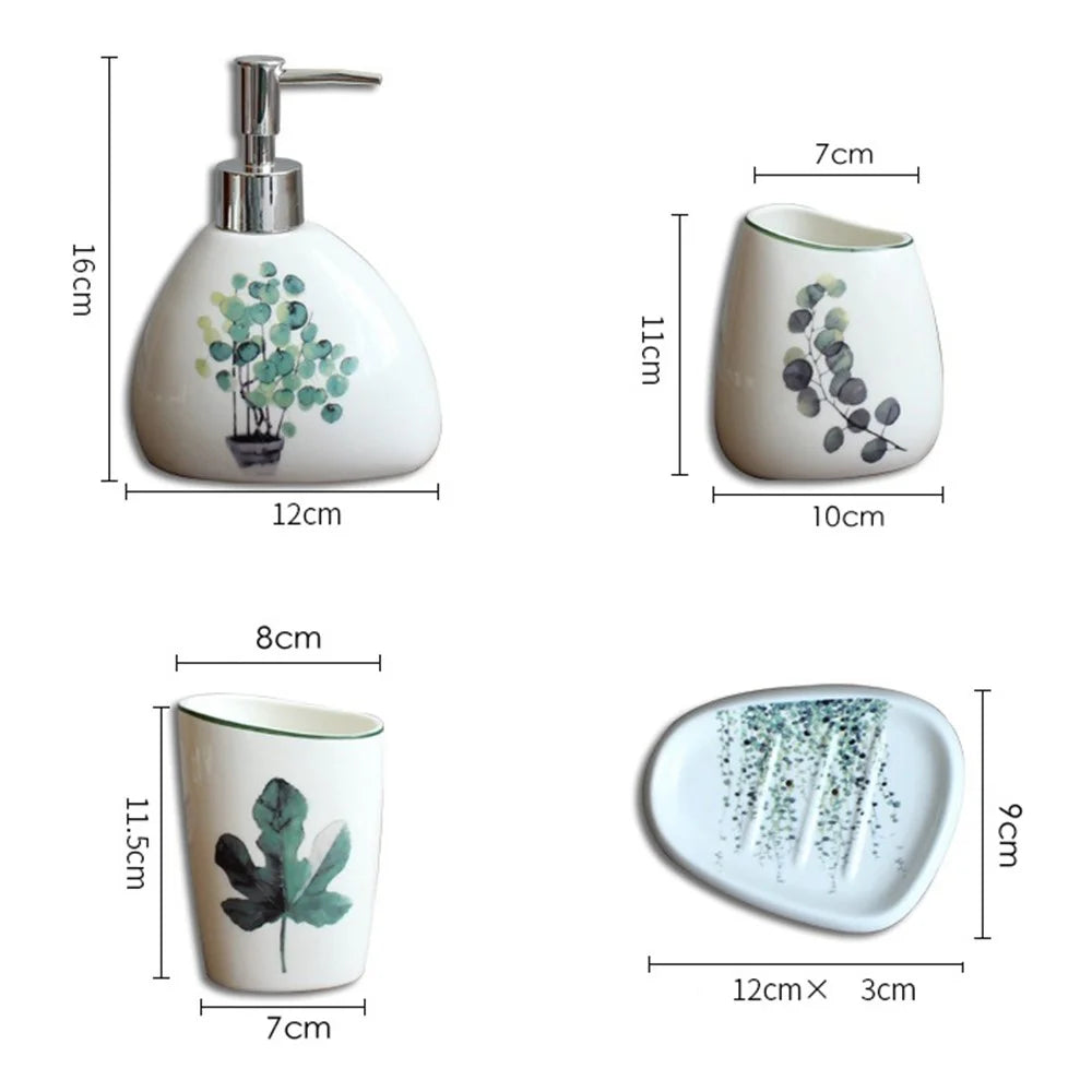 5Pcs / Set Green Plant Pattern Bathroom Accessories Ceramic Toothbrush Holder Rinse Cup Soap Dish Lotion Dispenser - Style A - 7