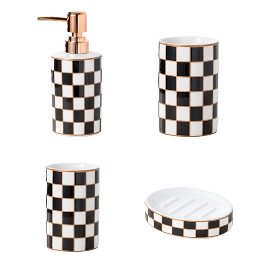 4Pcs / Set Plaid Pattern Ceramic Bathroom Accessories Toothbrush Holder Soap Dish Lotion Dispenser Bottle Rinse Cup - 1