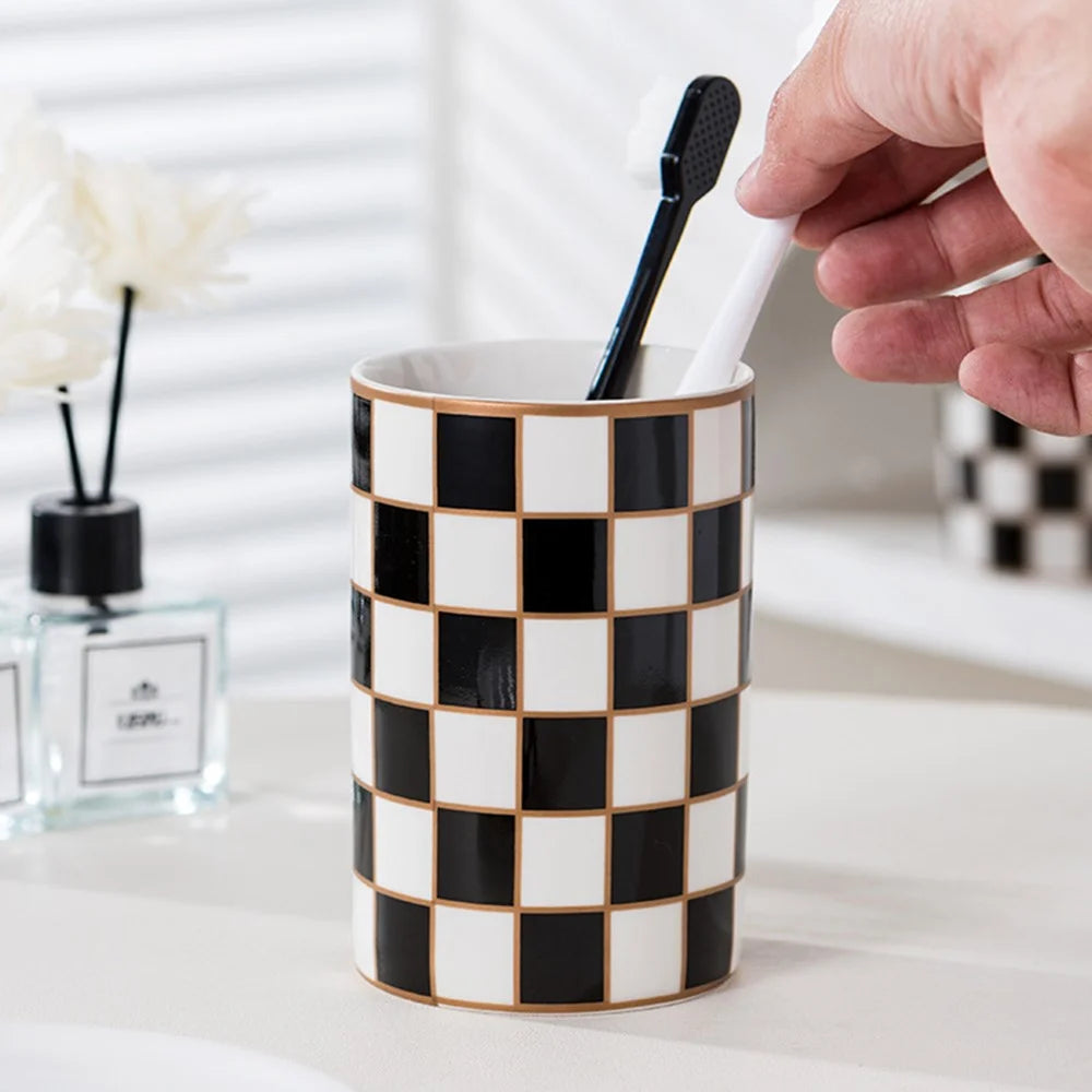4Pcs / Set Plaid Pattern Ceramic Bathroom Accessories Toothbrush Holder Soap Dish Lotion Dispenser Bottle Rinse Cup - 2