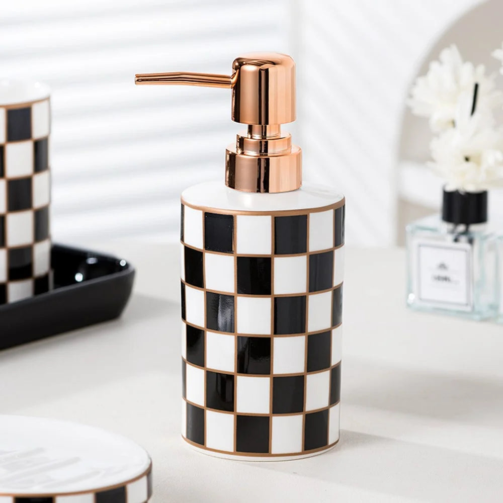 4Pcs / Set Plaid Pattern Ceramic Bathroom Accessories Toothbrush Holder Soap Dish Lotion Dispenser Bottle Rinse Cup - 3