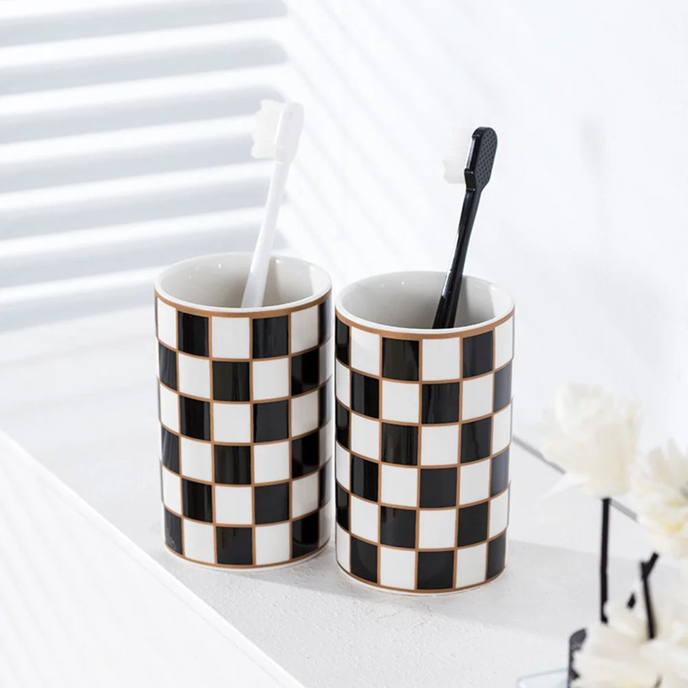 4Pcs / Set Plaid Pattern Ceramic Bathroom Accessories Toothbrush Holder Soap Dish Lotion Dispenser Bottle Rinse Cup - 4