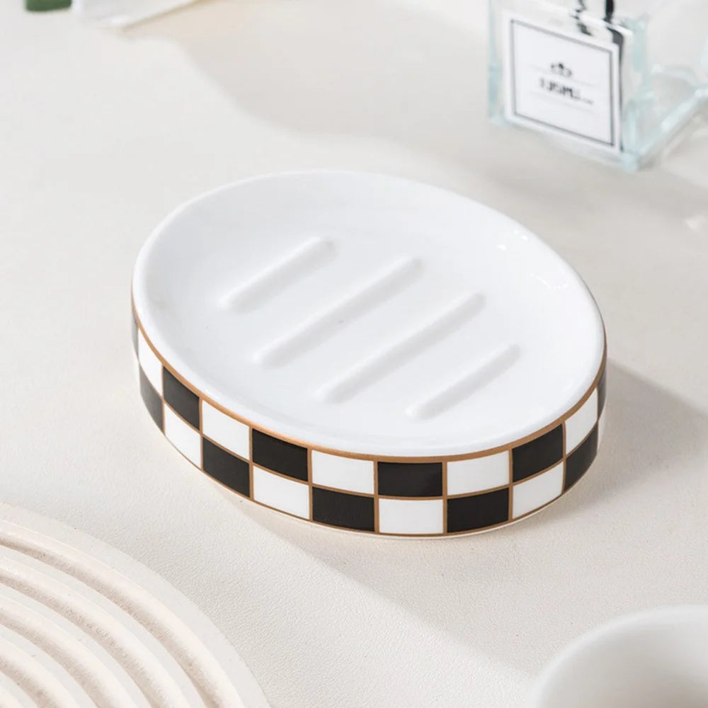 4Pcs / Set Plaid Pattern Ceramic Bathroom Accessories Toothbrush Holder Soap Dish Lotion Dispenser Bottle Rinse Cup - 5