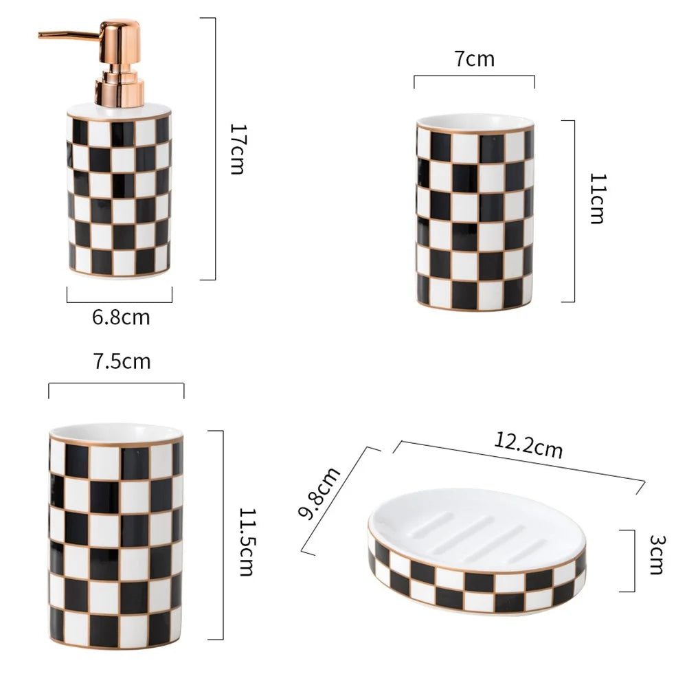 4Pcs / Set Plaid Pattern Ceramic Bathroom Accessories Toothbrush Holder Soap Dish Lotion Dispenser Bottle Rinse Cup - 6