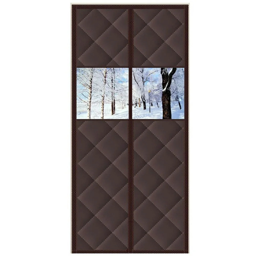 90 x 200cm Magnetic Door Curtain with View Window Self Adhesive Thermal Insulation Doorway Screen for Winter - Coffee - 1