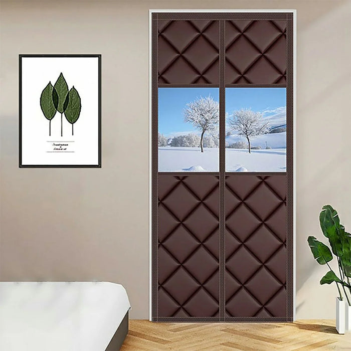 90 x 200cm Magnetic Door Curtain with View Window Self Adhesive Thermal Insulation Doorway Screen for Winter - Coffee - 4