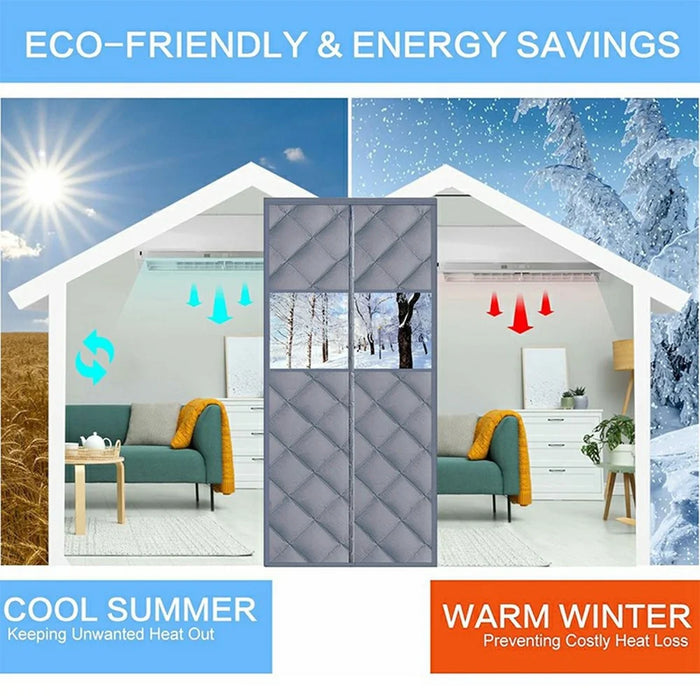 90 x 200cm Magnetic Door Curtain with View Window Self Adhesive Thermal Insulation Doorway Screen for Winter - Coffee - 5