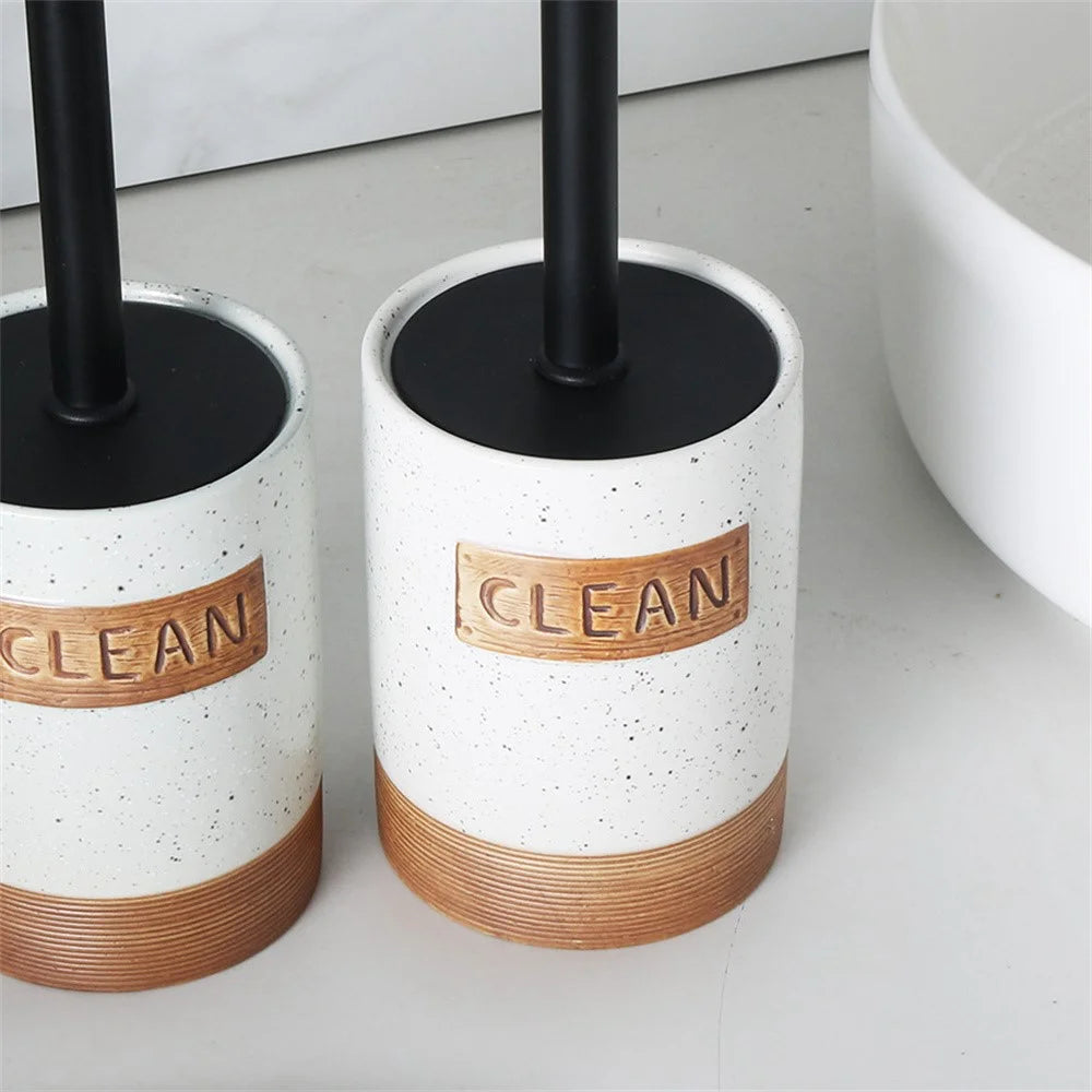 Long Handle Toilet Brush Ceramic Draining Base Set Bathroom Cleaning Tool - Light Green - 5