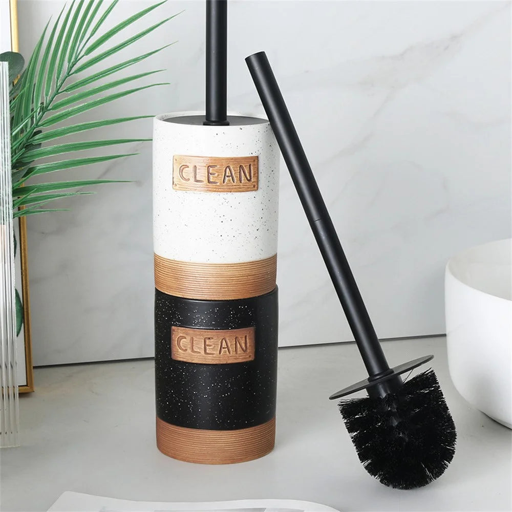 Long Handle Toilet Brush Ceramic Draining Base Set Bathroom Cleaning Tool - Light Green - 6