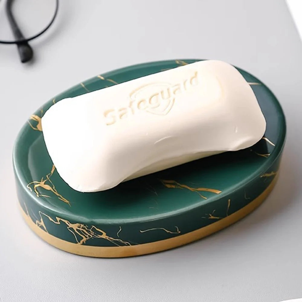 Ceramic Marble Pattern Soap Dish Non-Slip Soap Holder Elegant Bathroom Accessory - Blackish Green - 2