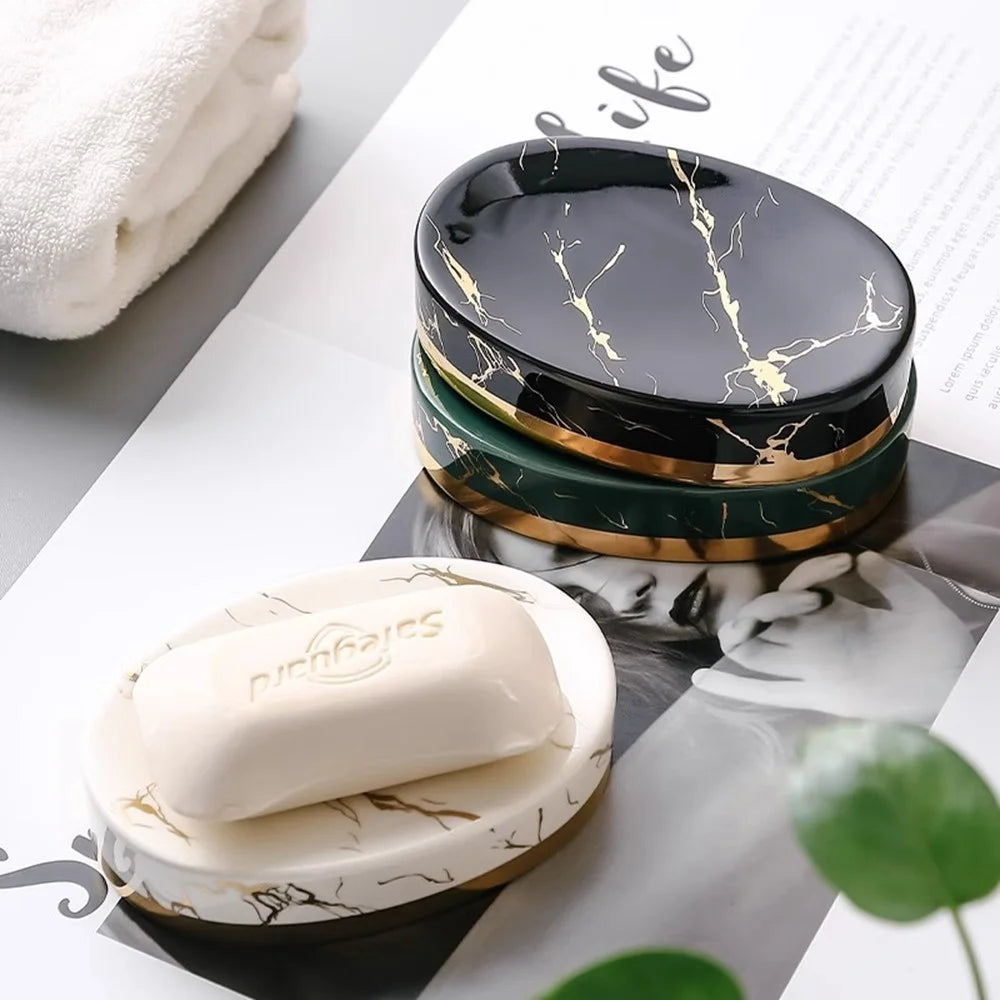 Ceramic Marble Pattern Soap Dish Non-Slip Soap Holder Elegant Bathroom Accessory - Blackish Green - 4