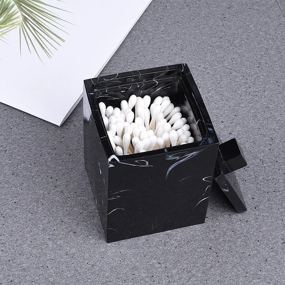 Marble Pattern Resin Cotton Swab Holder Toothpick Container Bathroom Cosmetic Cotton Decorative Storage Box - Black - 2