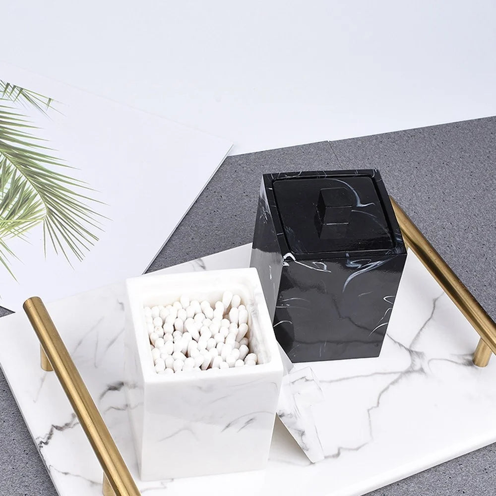 Marble Pattern Resin Cotton Swab Holder Toothpick Container Bathroom Cosmetic Cotton Decorative Storage Box - Black - 3