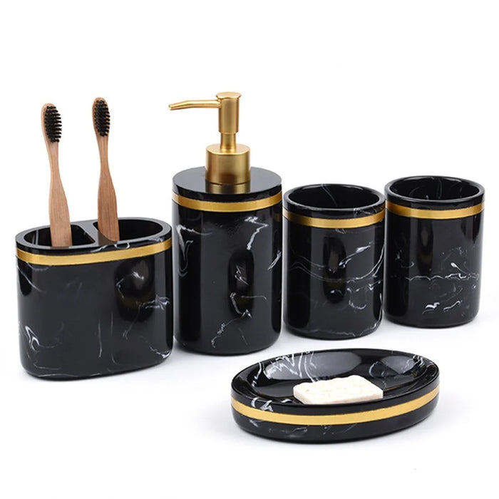 Resin Bathroom Accessories Set 5Pcs Marble Pattern Toiletry Organizer for Hotel / Home - Black - 1