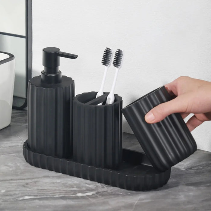 4-Piece Resin Hotel Toiletry Set Bathroom Accessories with Toothbrush Holder / Mouthwash Cup / Soap Dispenser / Storage Tray - Black - 3