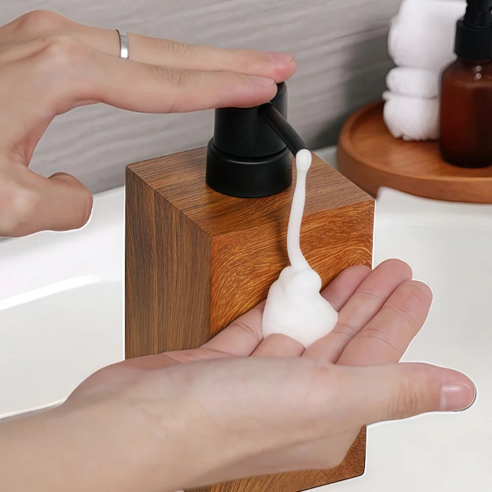 Walnut Wood Texture Bathroom 400ml Resin Pump Bottle for Shampoo Body Wash Hand Soap, Liquid Outlet - 2