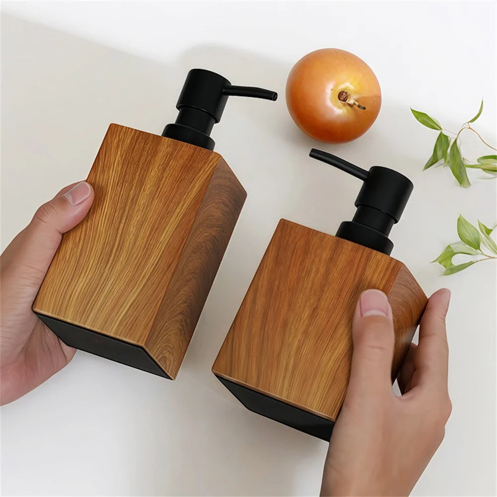 Walnut Wood Texture Bathroom 400ml Resin Pump Bottle for Shampoo Body Wash Hand Soap, Foaming Outlet - 4