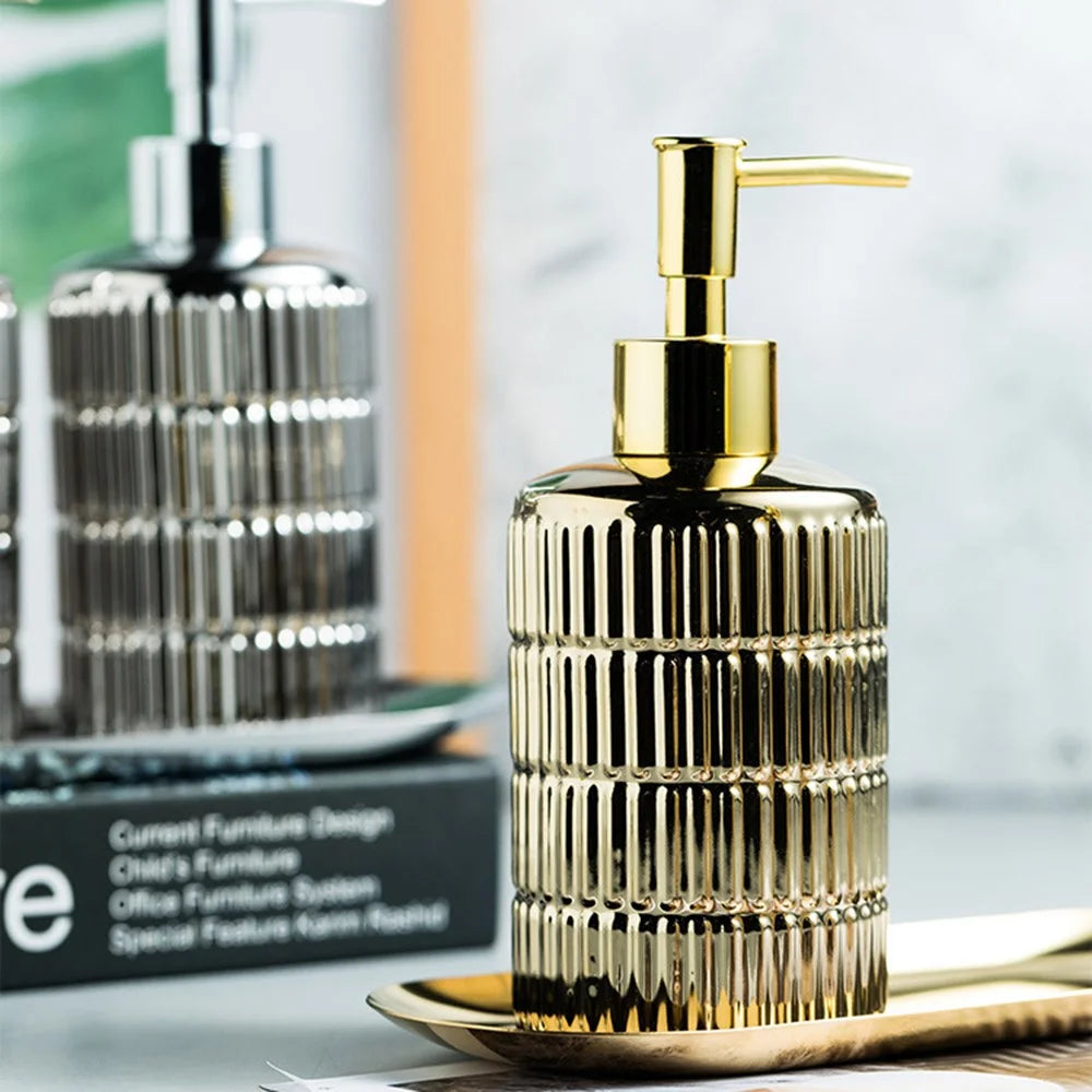 Luxury Ceramic Refillable Dispenser Pump Bottle for Bathroom Hand Soap Shampoo Shower Gel Lotion - Gold - 2