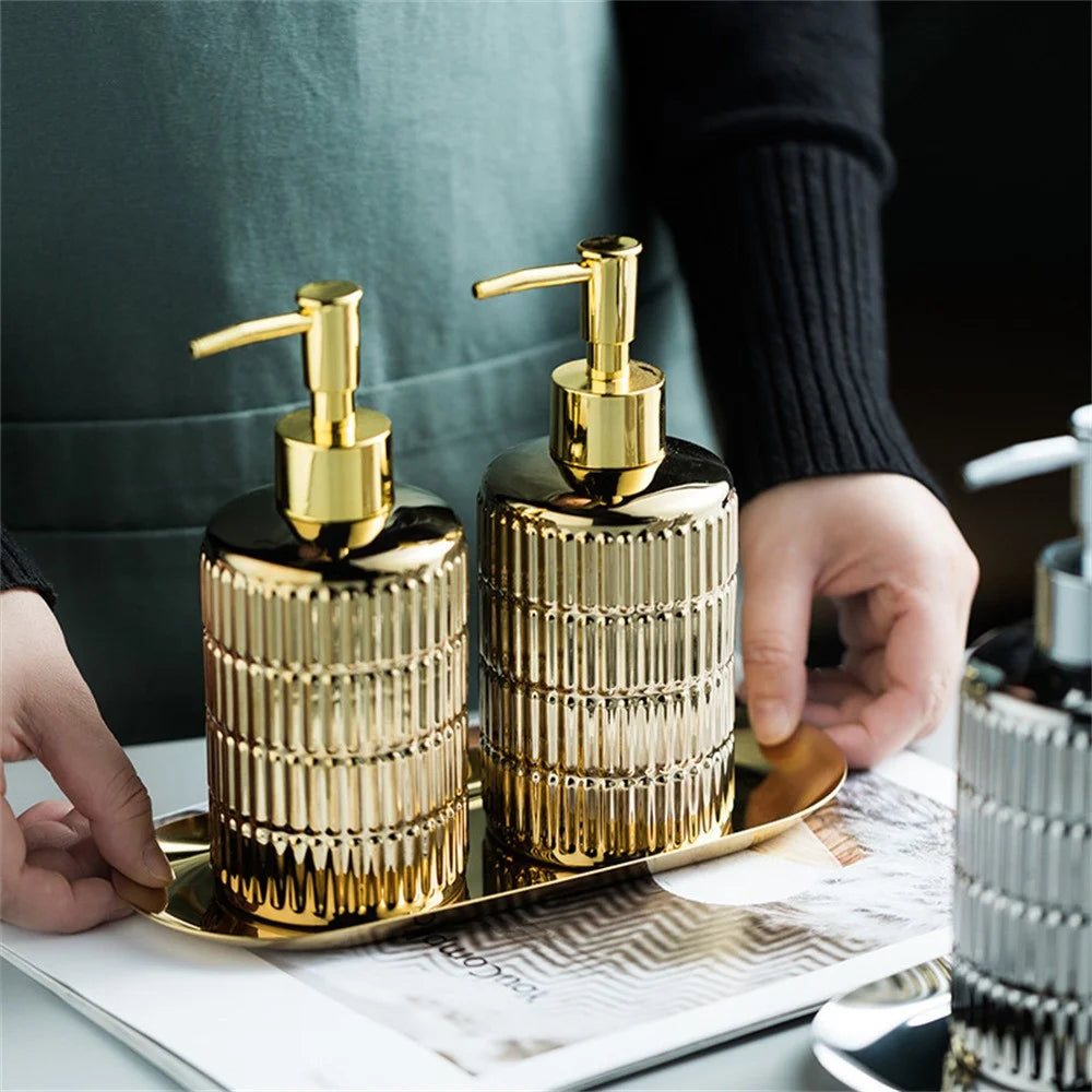 Luxury Ceramic Refillable Dispenser Pump Bottle for Bathroom Hand Soap Shampoo Shower Gel Lotion - Gold - 5