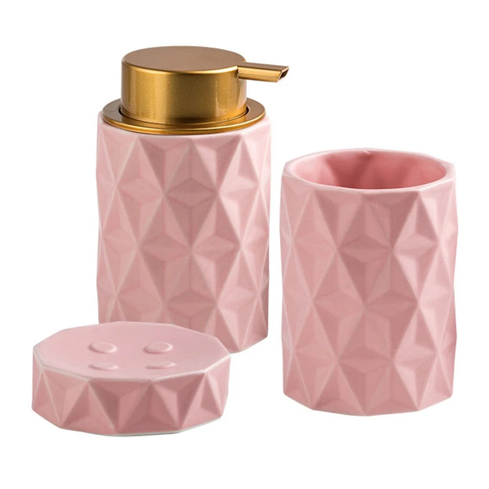 3Pcs / Set Ceramic Bathroom Accessories Home Hotel Nordic Style Soap Dispenser Mouthwash Cup Soap Dish - Pink - 1