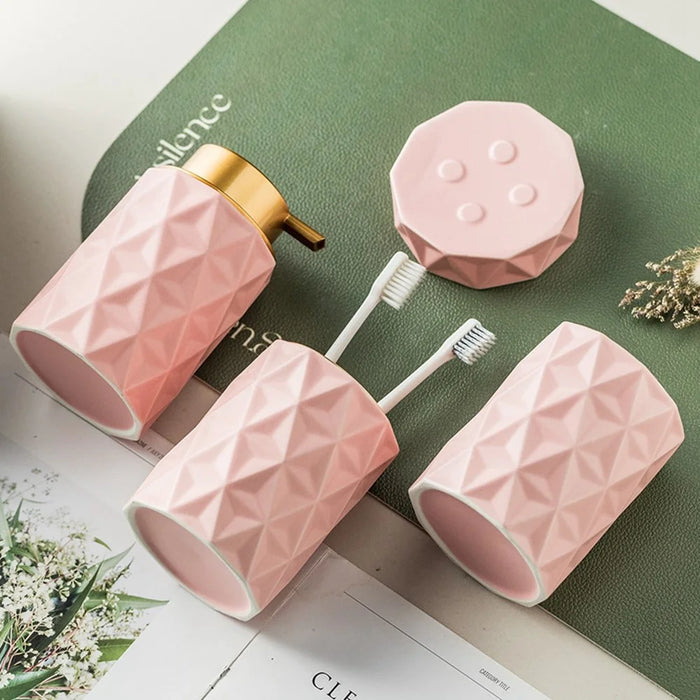 3Pcs / Set Ceramic Bathroom Accessories Home Hotel Nordic Style Soap Dispenser Mouthwash Cup Soap Dish - Pink - 2