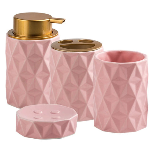 4Pcs / Set Ceramic Bathroom Accessories Nordic Style Soap Dispenser Toothbrush Cup Mouthwash Cup Soap Dish - Pink - 1