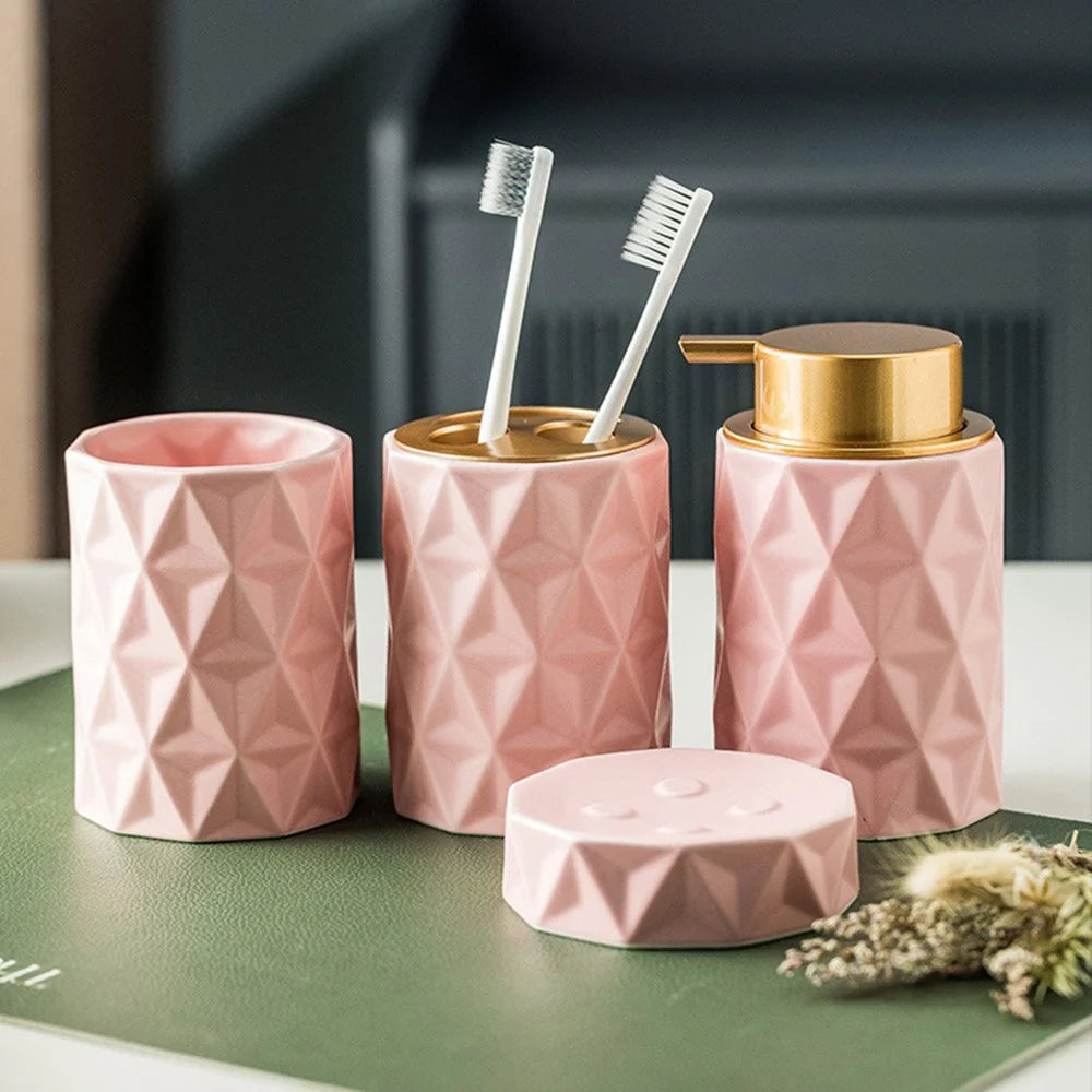 4Pcs / Set Ceramic Bathroom Accessories Nordic Style Soap Dispenser Toothbrush Cup Mouthwash Cup Soap Dish - Pink - 2