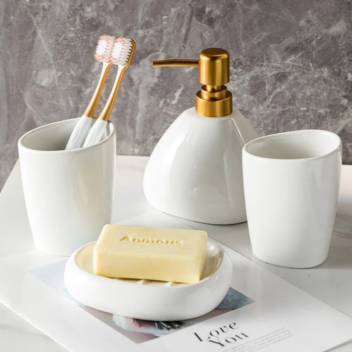 Minimalist Ceramic Bathroom Lotion Dispenser Bottle + Mouthwash Cup + Soap Dish - 2