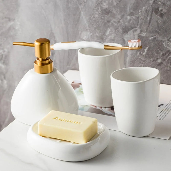 Minimalist Ceramic Bathroom Lotion Dispenser Bottle + Mouthwash Cup + Soap Dish - 3