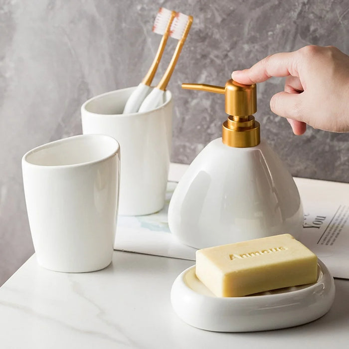 Minimalist Ceramic Bathroom Lotion Dispenser Bottle + Mouthwash Cup + Soap Dish - 4